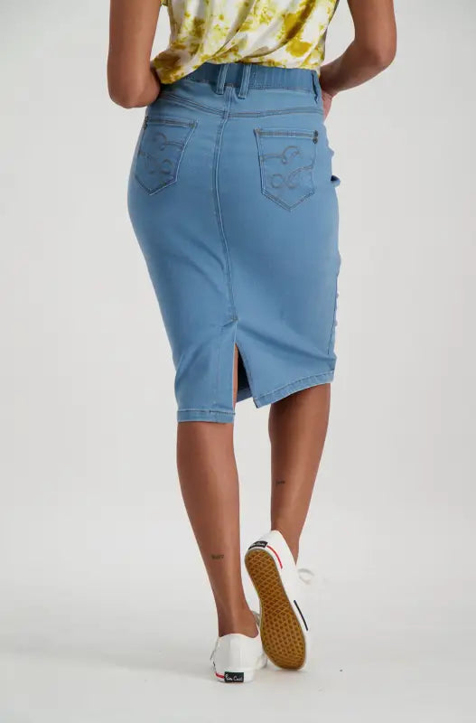 Exceptionally Cool Light Wash High-Rise Denim Midi Skirt