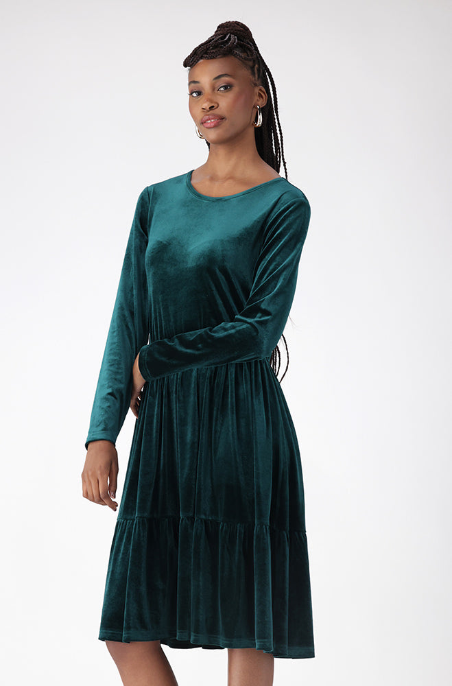 Rose Tiered Flare Velour Dress _ 158574 _ Green