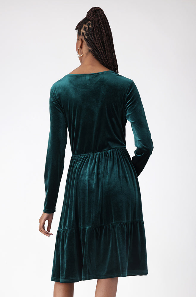 Rose Tiered Flare Velour Dress _ 158574 _ Green