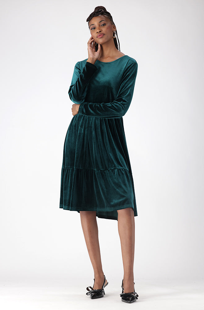 Rose Tiered Flare Velour Dress _ 158574 _ Green