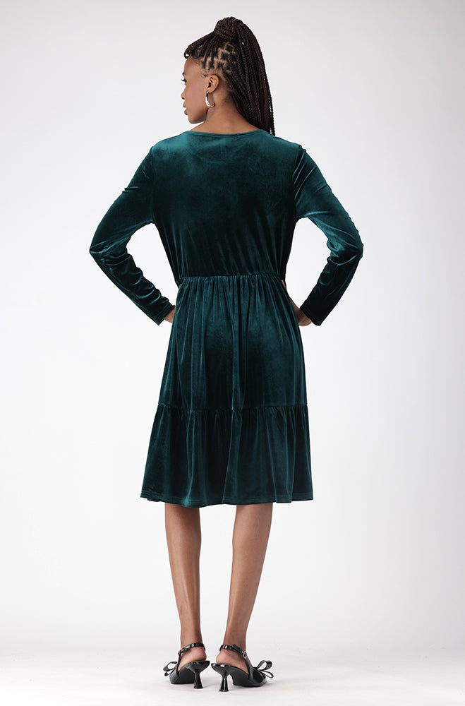 Rose Tiered Flare Velour Dress _ 158574 _ Green