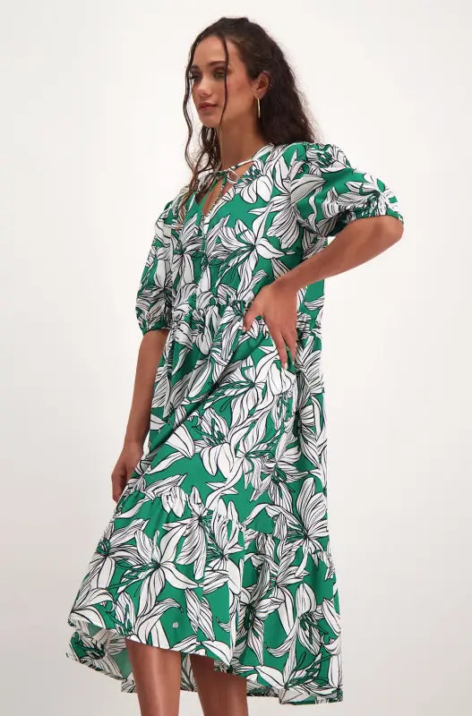 Dunns Clothing | Arabella Tired Printed Dress _ 140875 _ Green | R329