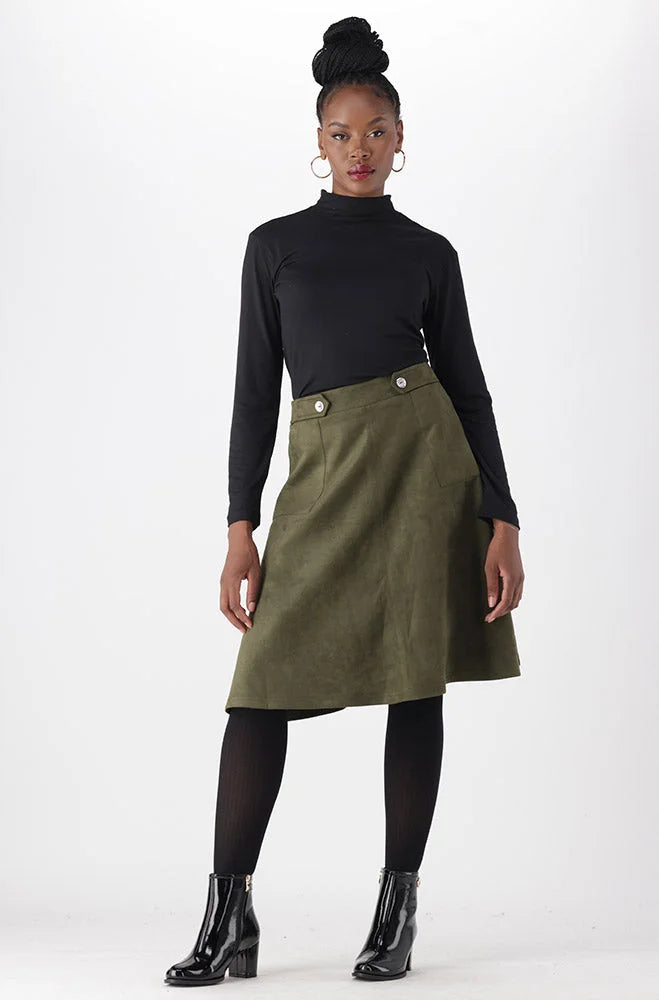 Dunns Clothing | Ladies | Emilia Faux Suede Midi Skirt _ 148817 Fatigue