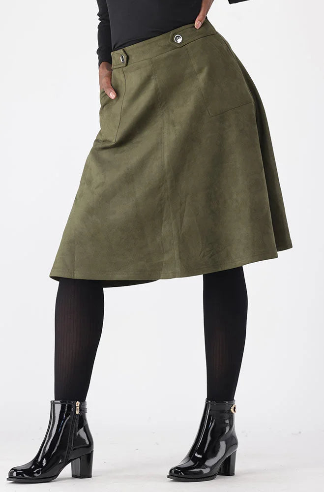 Dunns Clothing | Ladies | Emilia Faux Suede Midi Skirt _ 148817 Fatigue