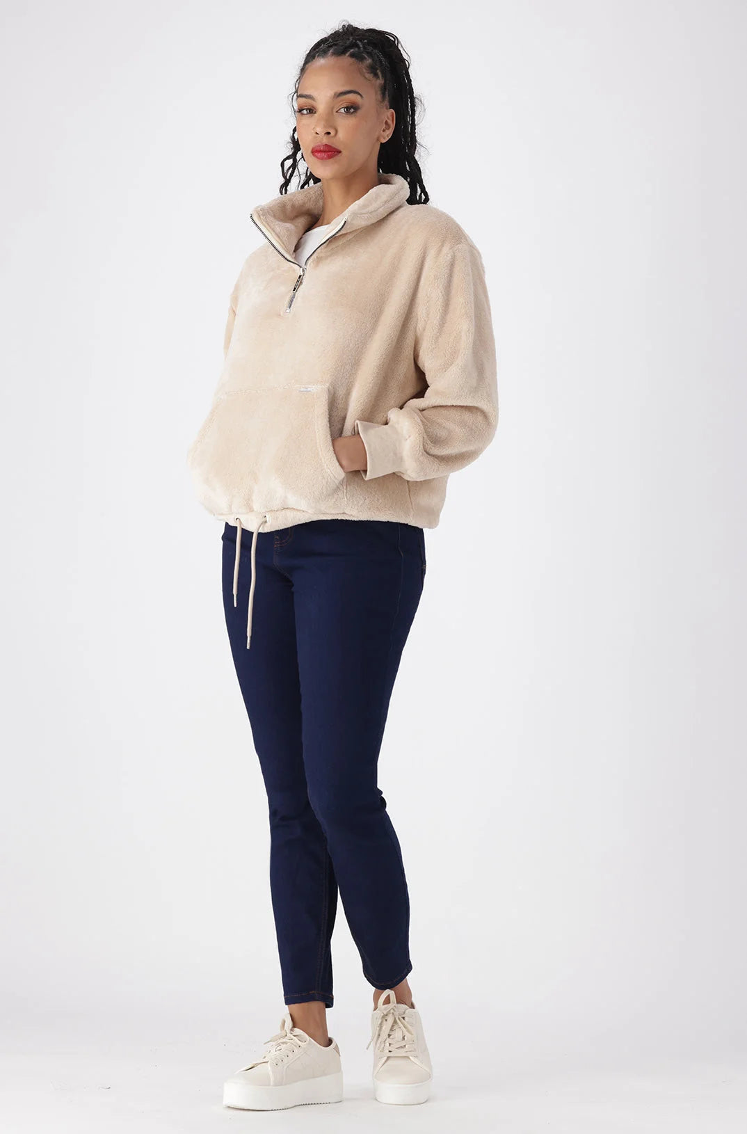 Dunns Clothing | Ladies | Emma Fluffy Quarter Zip Top _ 147800 Natural