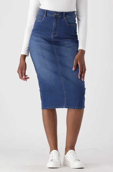 Julia Longer Length Denim Skirt 148480 Mid Wash R299 Dunns Clothing