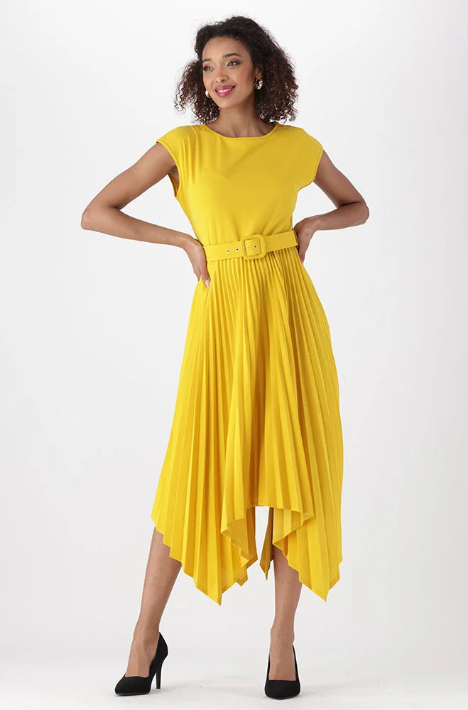 Dunns Clothing | Ladies | Madina Belted Pleated Dress _ 151284 Yellow