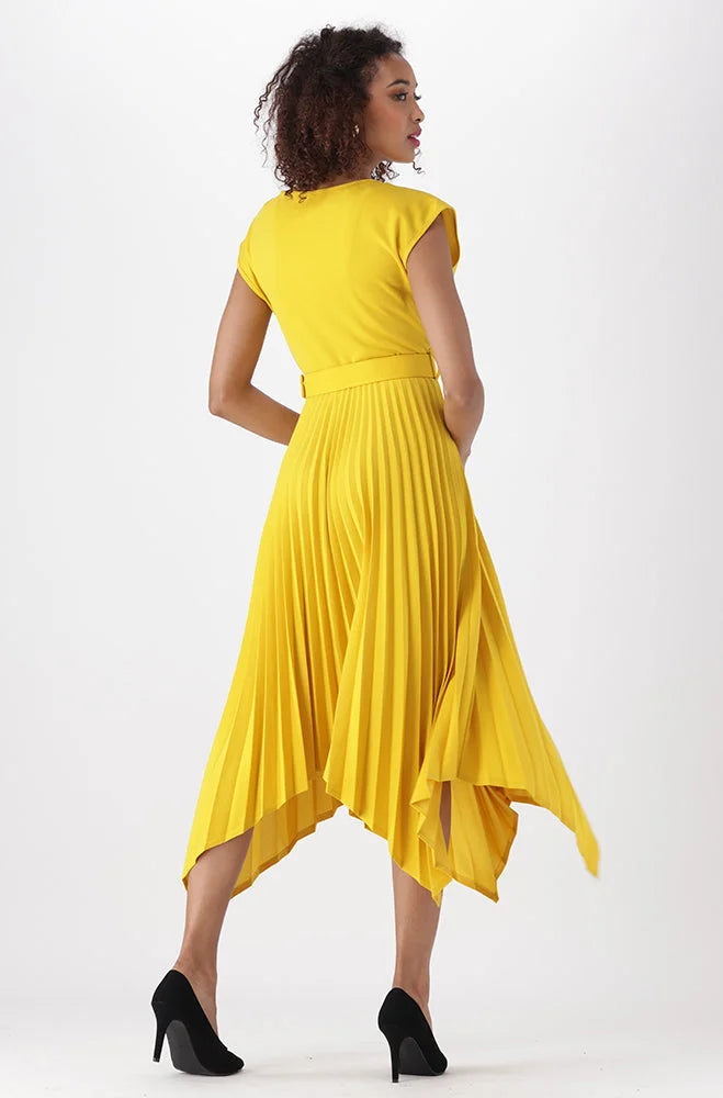 Dunns Clothing | Ladies | Madina Belted Pleated Dress _ 151284 Yellow