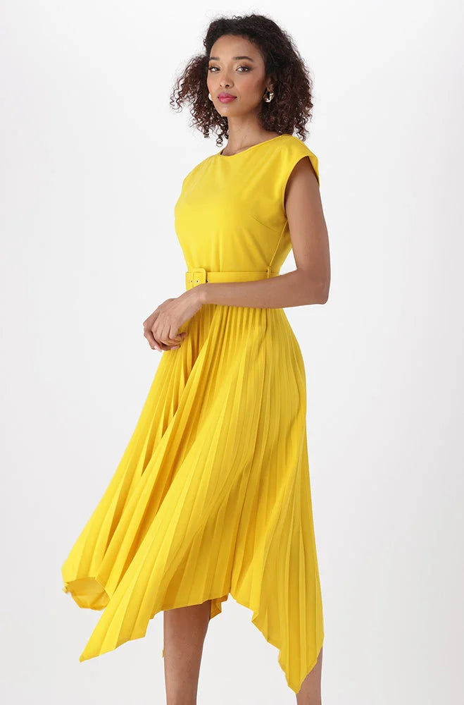 Dunns Clothing | Ladies | Madina Belted Pleated Dress _ 151284 Yellow