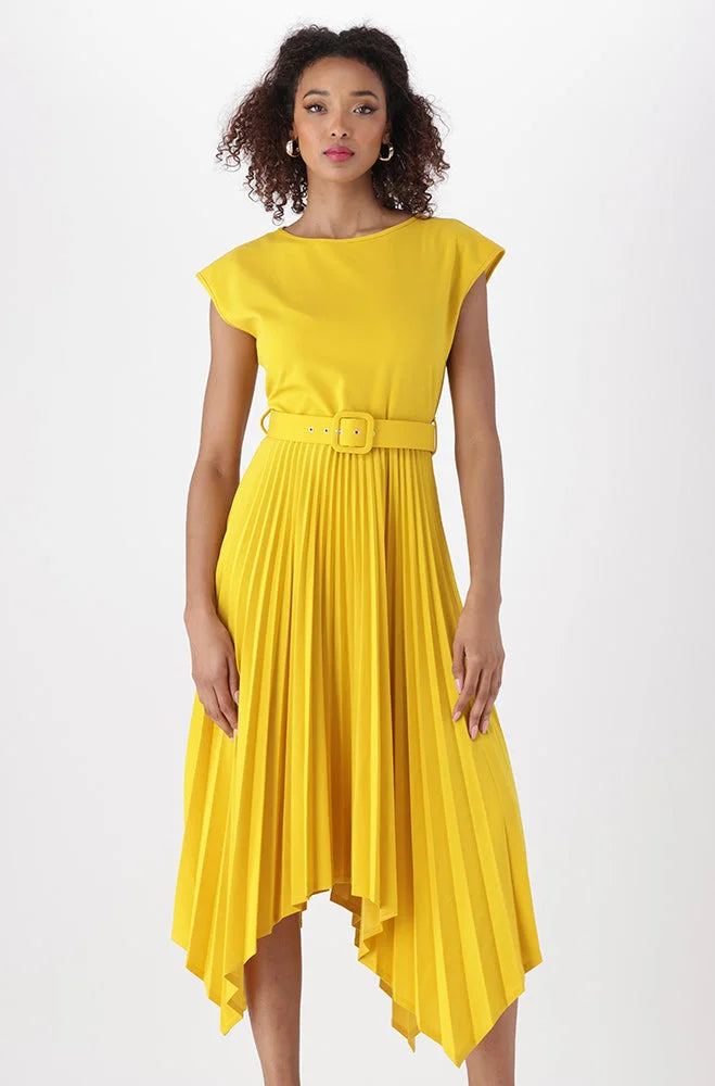 Dunns Clothing | Ladies | Madina Belted Pleated Dress _ 151284 Yellow