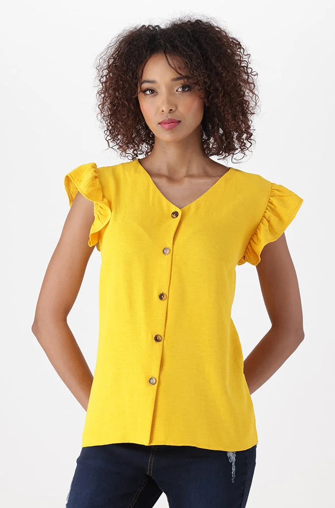 Dunns Clothing | Ladies | NIKKI LINEN BUTTON FLUTTER SLEEVE TOP _ 151795 Ocre