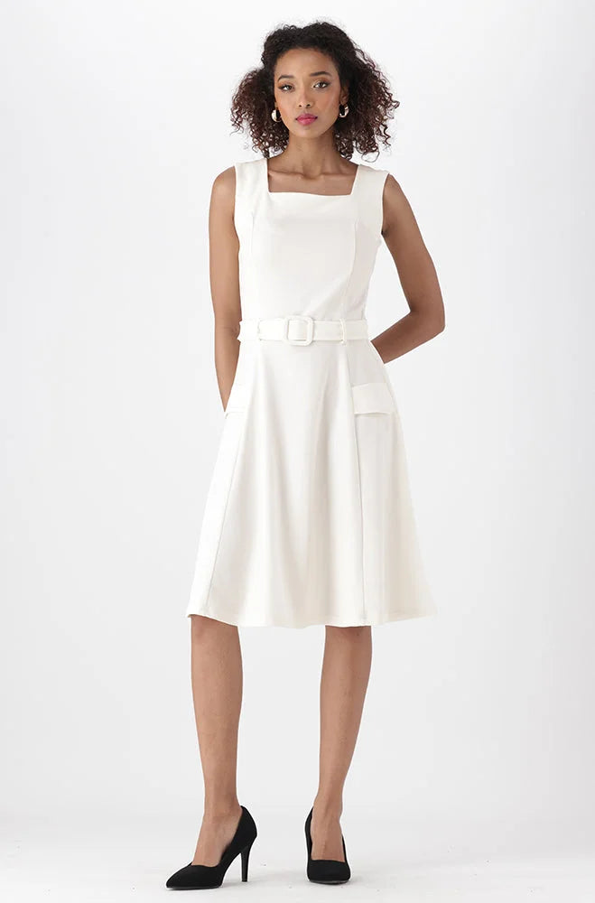 Dunns Clothing | Ladies | STEFANI BELTED FIT AND FLARE DRESS _ 151686 Milk