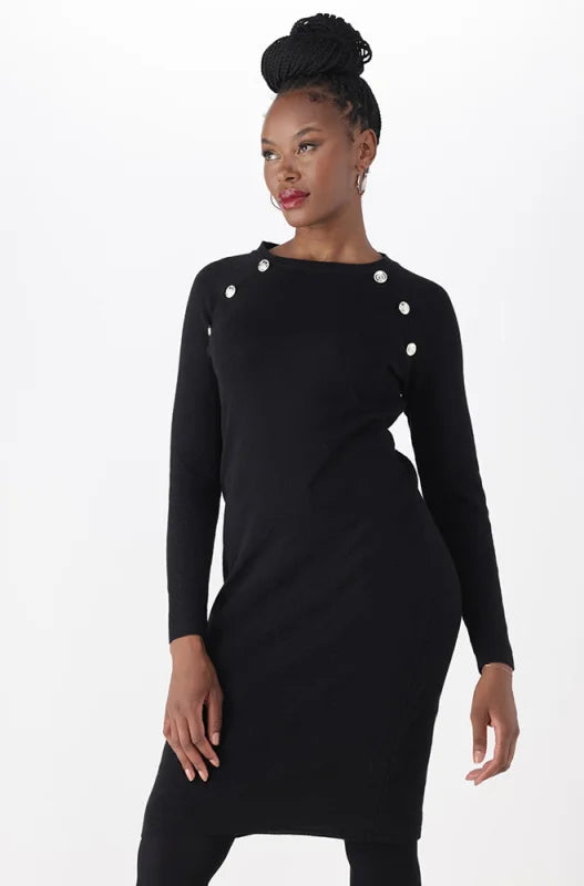 Dunns Clothing | Ladies | TAMMY KNIT BUTTON DETAIL DRESS _ 146265 Black